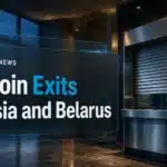 Closed exchange kiosk shutter illustrating how KuCoin exits Russia and Belarus amid EU sanctions