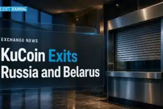 Closed exchange kiosk shutter illustrating how KuCoin exits Russia and Belarus amid EU sanctions