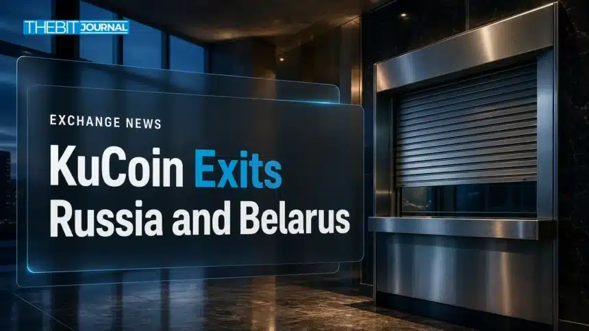 Closed exchange kiosk shutter illustrating how KuCoin exits Russia and Belarus amid EU sanctions