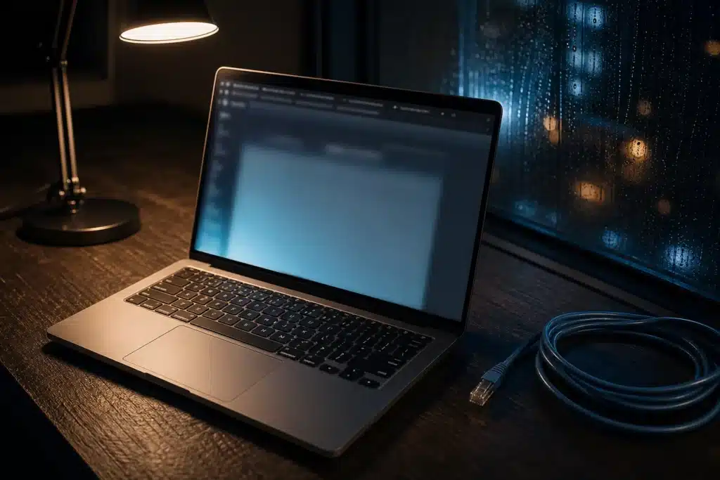 Polymarket Hack: Rund 2,65 Mio. Dollar weg, Handel läuft wieder 8 Laptop nachts auf einem Schreibtisch mit abgezogenem Netzwerkkabel, Sinnbild für einen Skript-Angriff im Browser