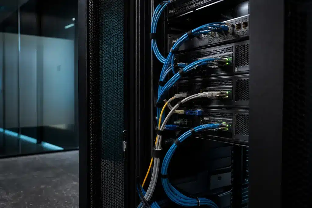 Netzwerkkabel und Metallanschlüsse in einem geöffneten Serverschrank