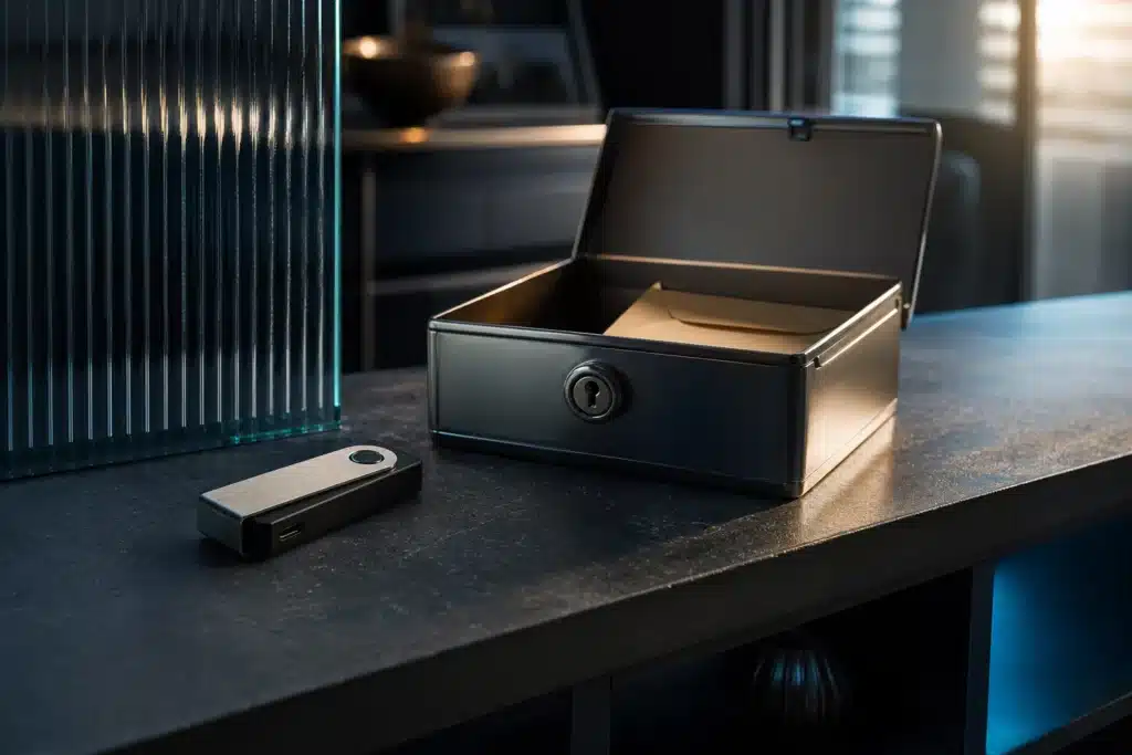 How to buy Chainlink (LINK): What the Available Evidence Shows 9 An unbranded hardware wallet beside an open lockbox in a symbolic custody illustration.