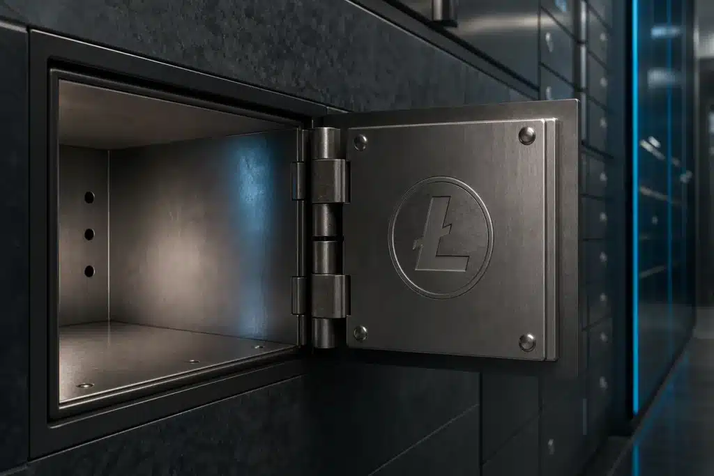 Offenes Stahlfach mit eingraviertem Litecoin-Emblem an der Innenseite der Tür