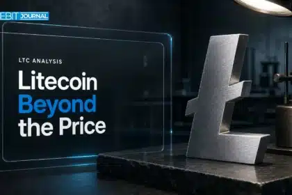 Litecoin investment concept with a brushed-metal Litecoin symbol on a laboratory examination bench