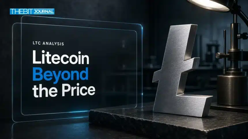 Litecoin investment concept with a brushed-metal Litecoin symbol on a laboratory examination bench