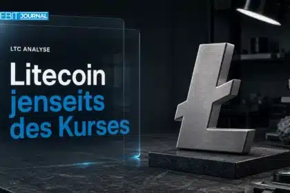Litecoin kaufen: Metallskulptur des Litecoin-Symbols auf einem Untersuchungstisch