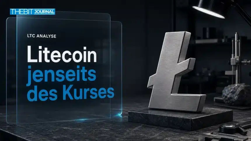 Litecoin kaufen: Metallskulptur des Litecoin-Symbols auf einem Untersuchungstisch