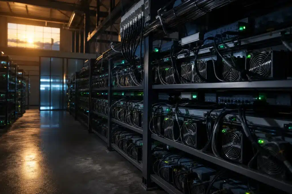 Litecoin Price Prediction 2026-2030: LTC Scenarios, Key Levels and Risks 8 Rows of crypto mining machines in a dim warehouse, representing Litecoin network hashrate