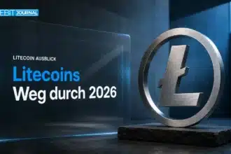 Silberne Litecoin-Skulptur in einer abgedunkelten Galerie als Sinnbild für die Litecoin Prognose 2026