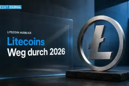 Silberne Litecoin-Skulptur in einer abgedunkelten Galerie als Sinnbild für die Litecoin Prognose 2026