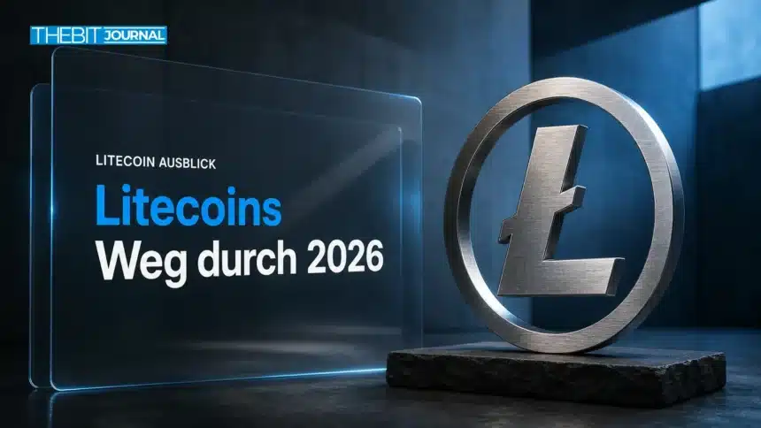 Silberne Litecoin-Skulptur in einer abgedunkelten Galerie als Sinnbild für die Litecoin Prognose 2026