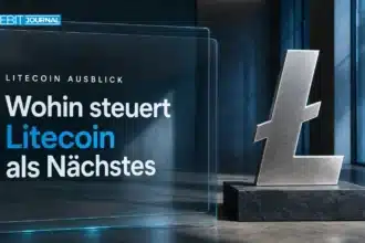 Litecoin-Skulptur aus gebürstetem Silber in einer Galerie zur Litecoin Prognose 2030