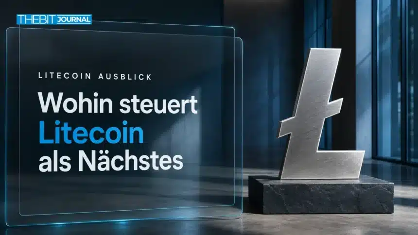 Litecoin Prognose 2030: LTC-Szenarien ab 2026, Kursmarken und Risiken 7 Litecoin-Skulptur aus gebürstetem Silber in einer Galerie zur Litecoin Prognose 2030