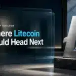 Brushed-silver Litecoin sculpture in a gallery illustrating the Litecoin price prediction 2026-2030