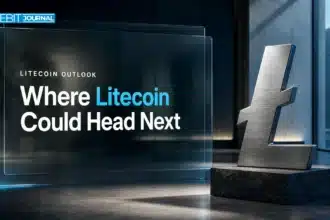 Brushed-silver Litecoin sculpture in a gallery illustrating the Litecoin price prediction 2026-2030