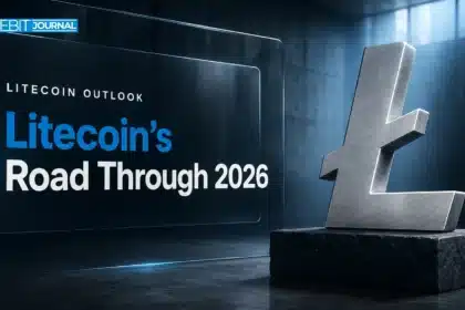 Silver Litecoin emblem sculpture in a dim gallery illustrating Litecoin price prediction 2026