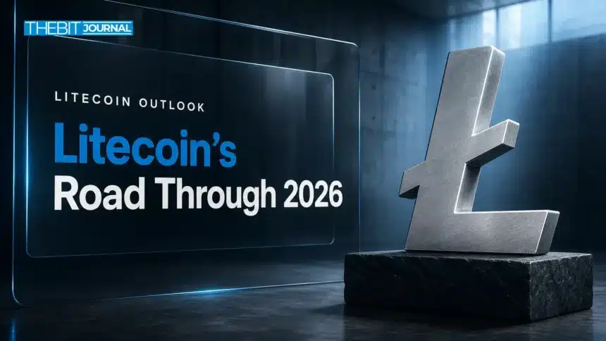 Litecoin Price Prediction 2026: LTC Scenarios, Key Levels and Risks 7 Silver Litecoin emblem sculpture in a dim gallery illustrating Litecoin price prediction 2026