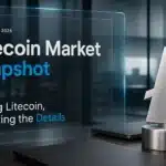 Illustrative desk scene with a Litecoin symbol and research materials
