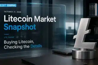 Illustrative desk scene with a Litecoin symbol and research materials