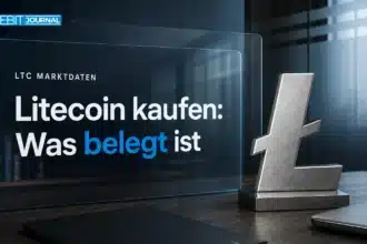 Litecoin kaufen: Metallsymbol auf einem Schreibtisch neben geschlossenen Rechercheunterlagen