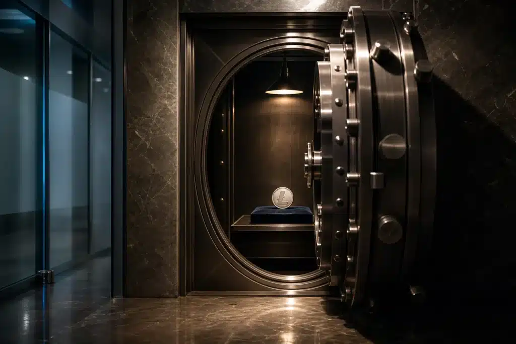 Litecoin Price Prediction 2026-2030: LTC Scenarios, Key Levels and Risks 9 Steel vault door with a metal coin on a velvet tray, symbolizing Litecoin custody and investment risk