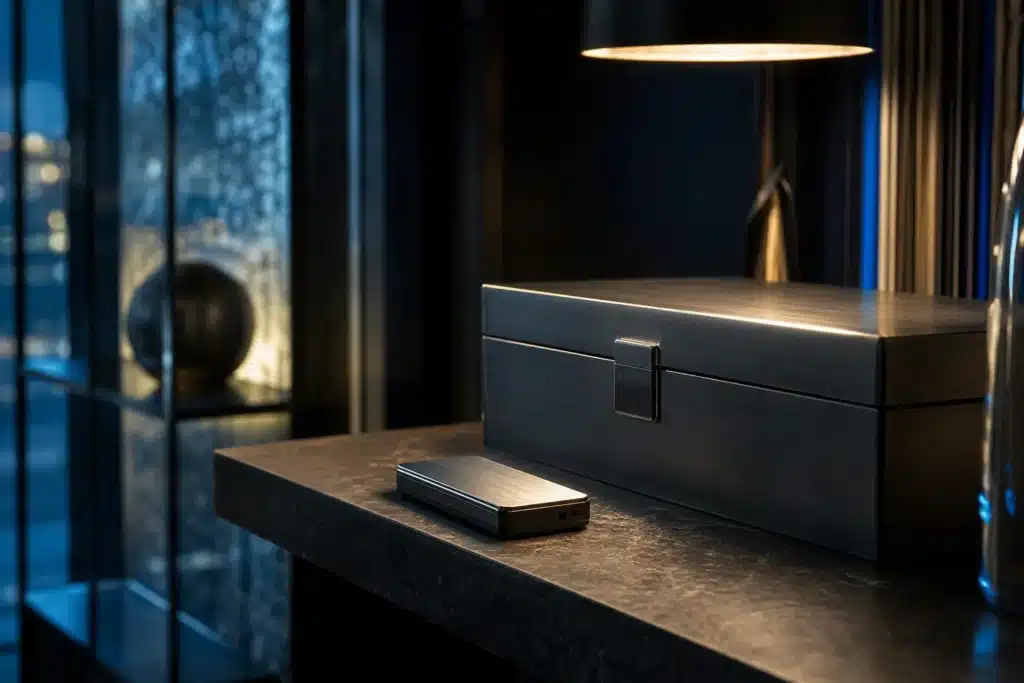 Litecoin kaufen: Verifizierter Marktkontext und Grenzen der Recherche 9 Hardware-Wallet neben einer verschlossenen Dokumentenbox auf einer Steinablage