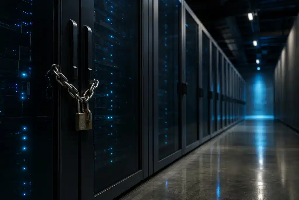 French Senate Backs Crypto Tax Data Sharing Bill Under OECD Rules 9 Locked server rack with a steel padlock in a dim data center aisle