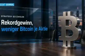 Stahlskulptur eines Bitcoin-Symbols in einem Sitzungssaal zu den MicroStrategy Quartalszahlen für Q3