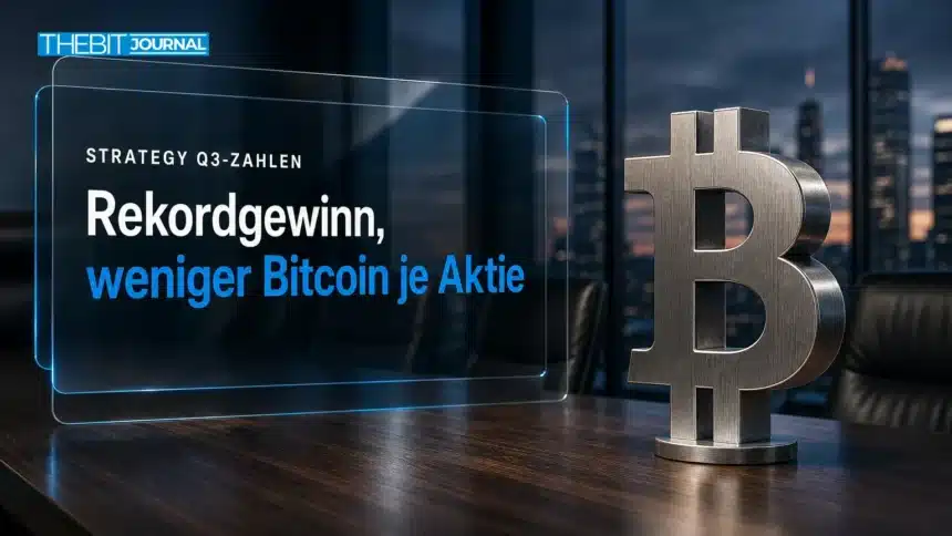 MicroStrategy Quartalszahlen: Rekordgewinn, aber weniger Bitcoin je Aktie 7 Stahlskulptur eines Bitcoin-Symbols in einem Sitzungssaal zu den MicroStrategy Quartalszahlen für Q3
