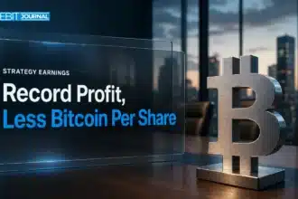 Steel bitcoin sculpture in a boardroom illustrating MicroStrategy Q3 earnings and its record operating income