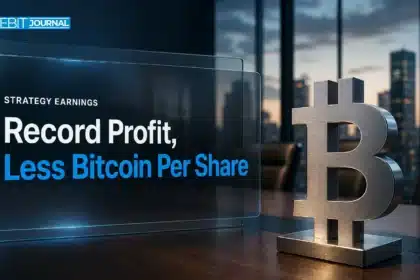 Steel bitcoin sculpture in a boardroom illustrating MicroStrategy Q3 earnings and its record operating income