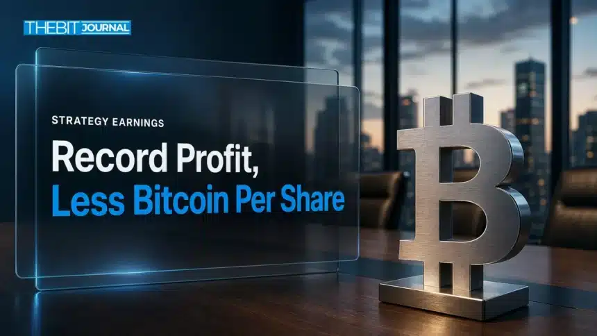 MicroStrategy Q3 Earnings: Record $21B Profit, but Bitcoin Per Share Falls 7 Steel bitcoin sculpture in a boardroom illustrating MicroStrategy Q3 earnings and its record operating income