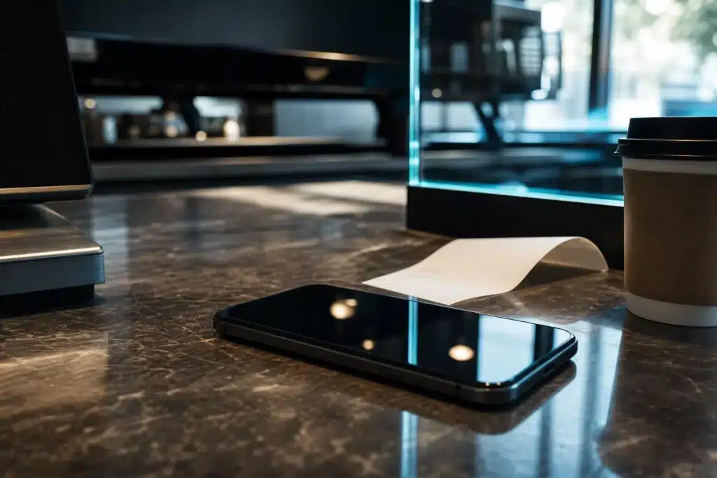 Solana Price Prediction 2026-2030: SOL Scenarios, Drivers and Risks 9 Smartphone on a cafe payment counter in morning light, representing mobile stablecoin payments