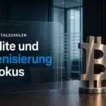 MSTR Quartalszahlen: Bitcoin-Metallskulptur und Mikrofon in einem leeren Konferenzraum