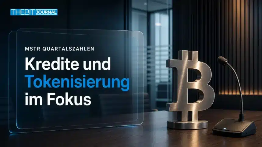 MSTR Quartalszahlen: Fragen zu digitalen Krediten, STRC und Tokenisierung 7 MSTR Quartalszahlen: Bitcoin-Metallskulptur und Mikrofon in einem leeren Konferenzraum