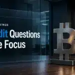 MSTR earnings concept with a metal Bitcoin sculpture and microphone in an empty conference room
