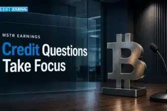 MSTR earnings concept with a metal Bitcoin sculpture and microphone in an empty conference room