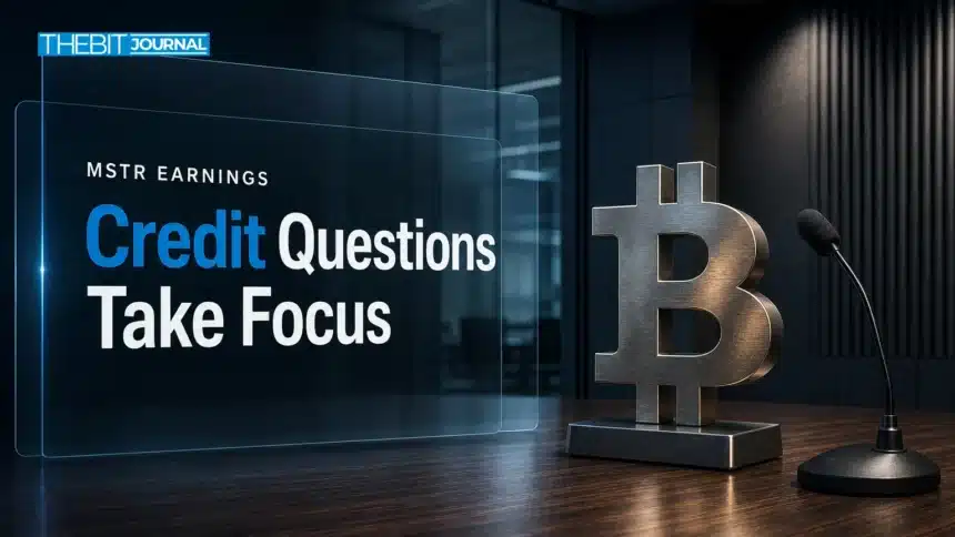MSTR earnings Q&A Puts Digital Credit and Tokenization in Focus 7 MSTR earnings concept with a metal Bitcoin sculpture and microphone in an empty conference room