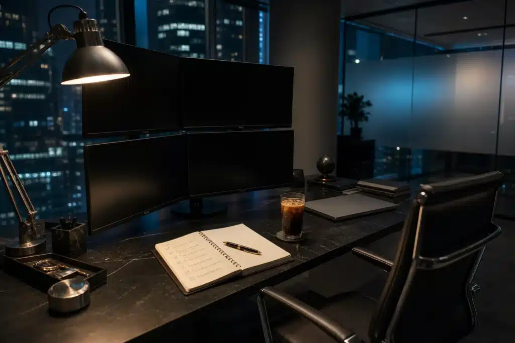 Night trading desk with handwritten checklist, representing a step-by-step evaluation of DOT