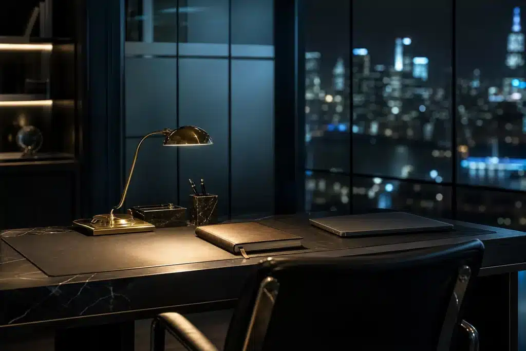Dogecoin Price Prediction 2026-2030: DOGE Scenarios, Drivers and Risks 9 Empty trading desk at night lit by a brass lamp with city lights behind glass windows