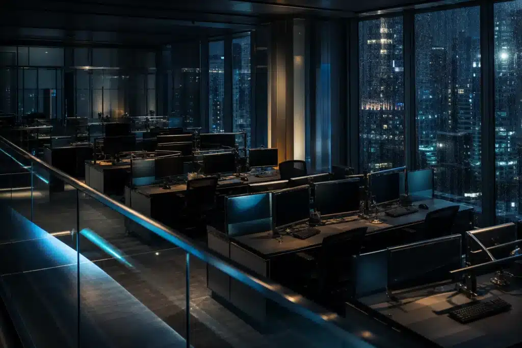 XRP Price Prediction 2026-2030: Scenarios, Analyst Targets and Risks 9 Empty trading floor at night with rain on windows reflecting market risk and volatility