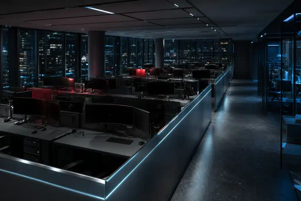 Binance Hack: Are Funds SAFU After the Record $6.3B Crypto Heist? 9 Empty trading floor at night with red screen glow after crypto prices fell on exchange hack news
