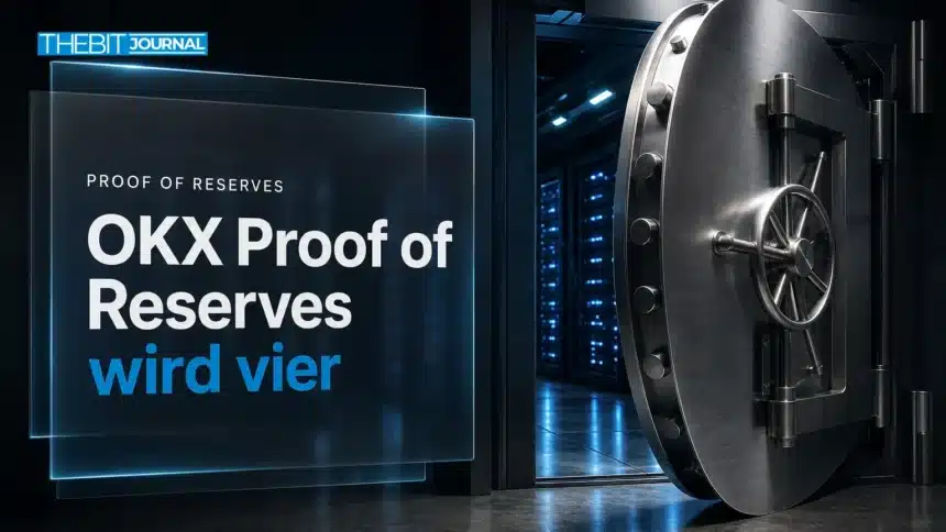 OKX Proof of Reserves wird vier: 36,36 Mrd. Dollar On-Chain 7 Stahltresortür in einem Rechenzentrum als Symbol für vier Jahre OKX Proof of Reserves