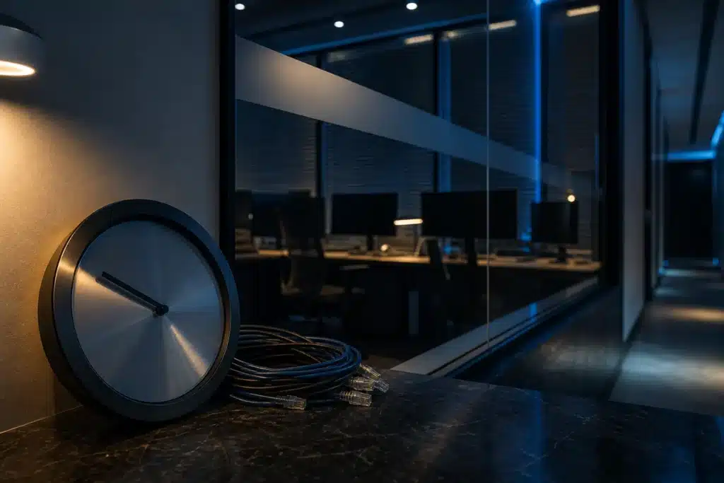 Empty financial operations room with network cables and an unnumbered clock after dark
