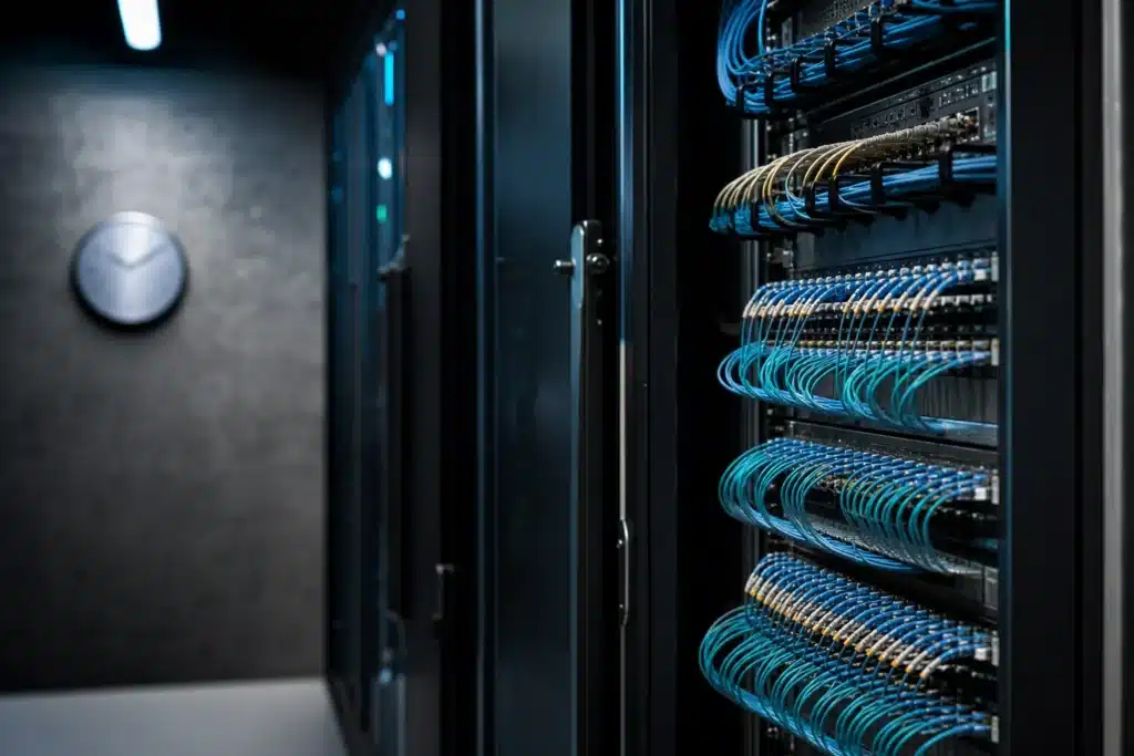 Fiber-optic connections inside a server cabinet representing continuous financial data delivery