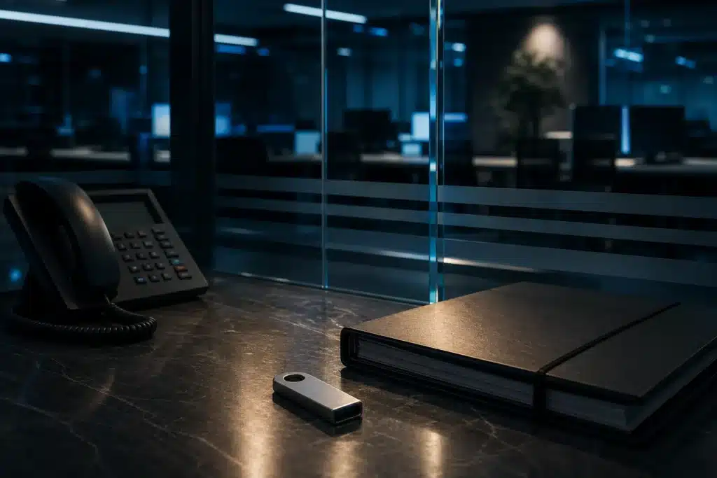 Hardware security key and incident folder in an empty payment operations room