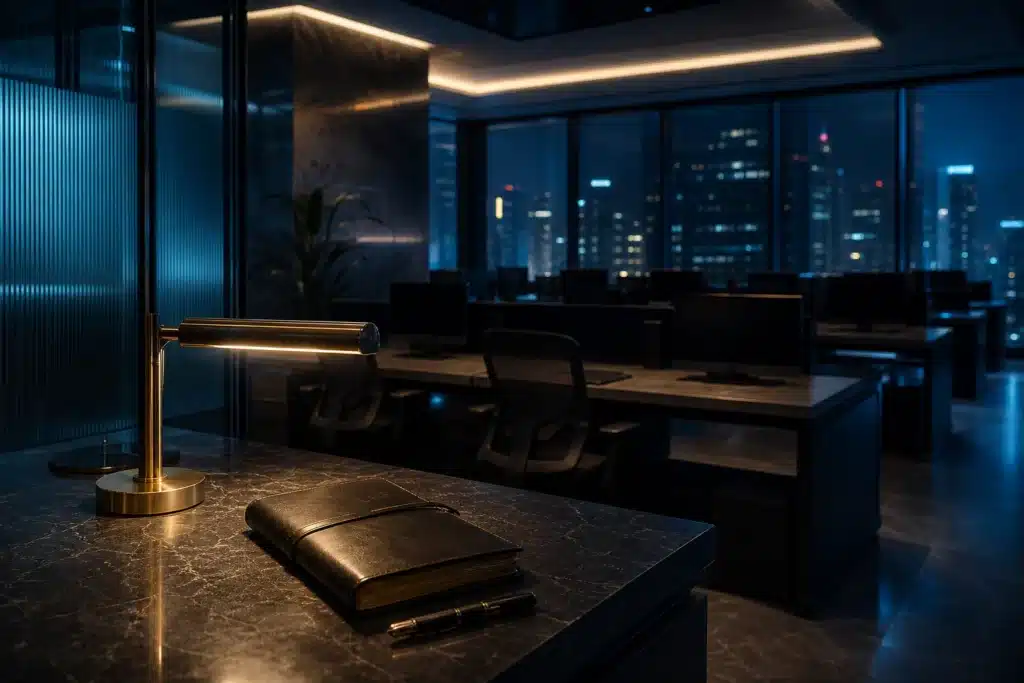 TRON Price Prediction 2026-2030: TRX Scenarios, Key Levels and Risks 8 Empty payments operations room at night with a ledger under a desk lamp, symbolising stablecoin settlement