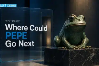 Bronze frog sculpture on marble plinth illustrating a Pepe price prediction 2026-2030 article
