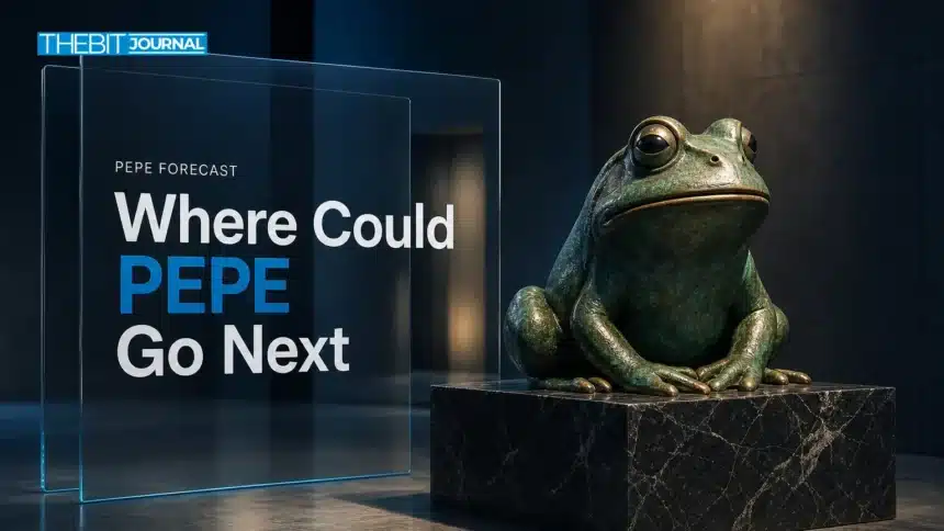 Bronze frog sculpture on marble plinth illustrating a Pepe price prediction 2026-2030 article