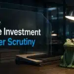 Pepe investment scrutiny illustrated by a green ceramic frog beneath a desk inspection lamp